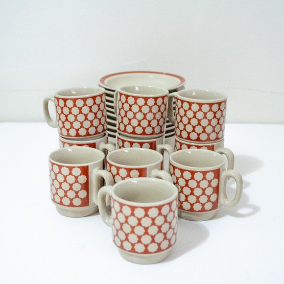 FLORAL POTTERY GEOMETRIC Coffee Service Espresso Cup Coffee & Saucer - set of 10 - Picture 4 of 6